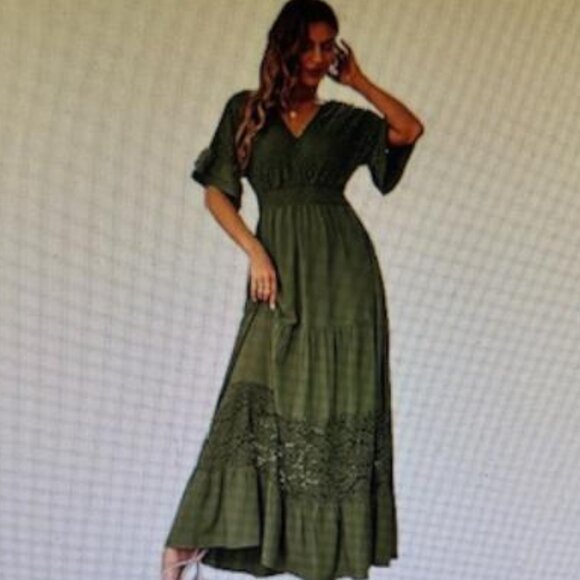 Simplee V Neck Formal Lace Maxi Dress Ruffle Flowy Short Sleeve Boho Green NWT S - Picture 2 of 8